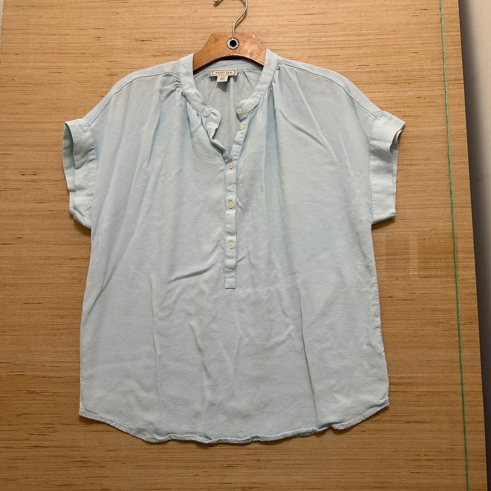 Point Sur Womens Light Blue Short Sleeve Henley Blouse XS Band Collar Relaxed